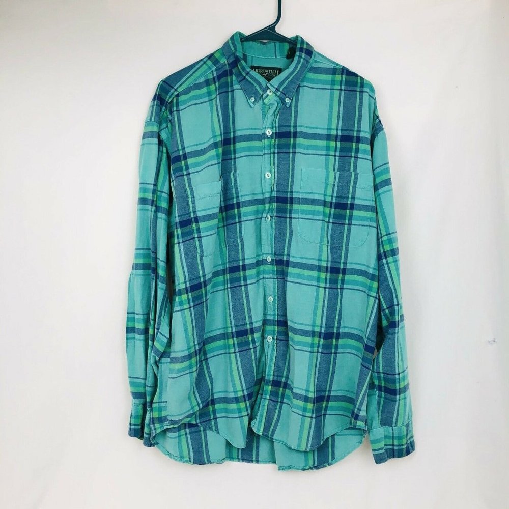 American Eagle Shirt Mens Large Green Plaid Button Down Long Sleeve